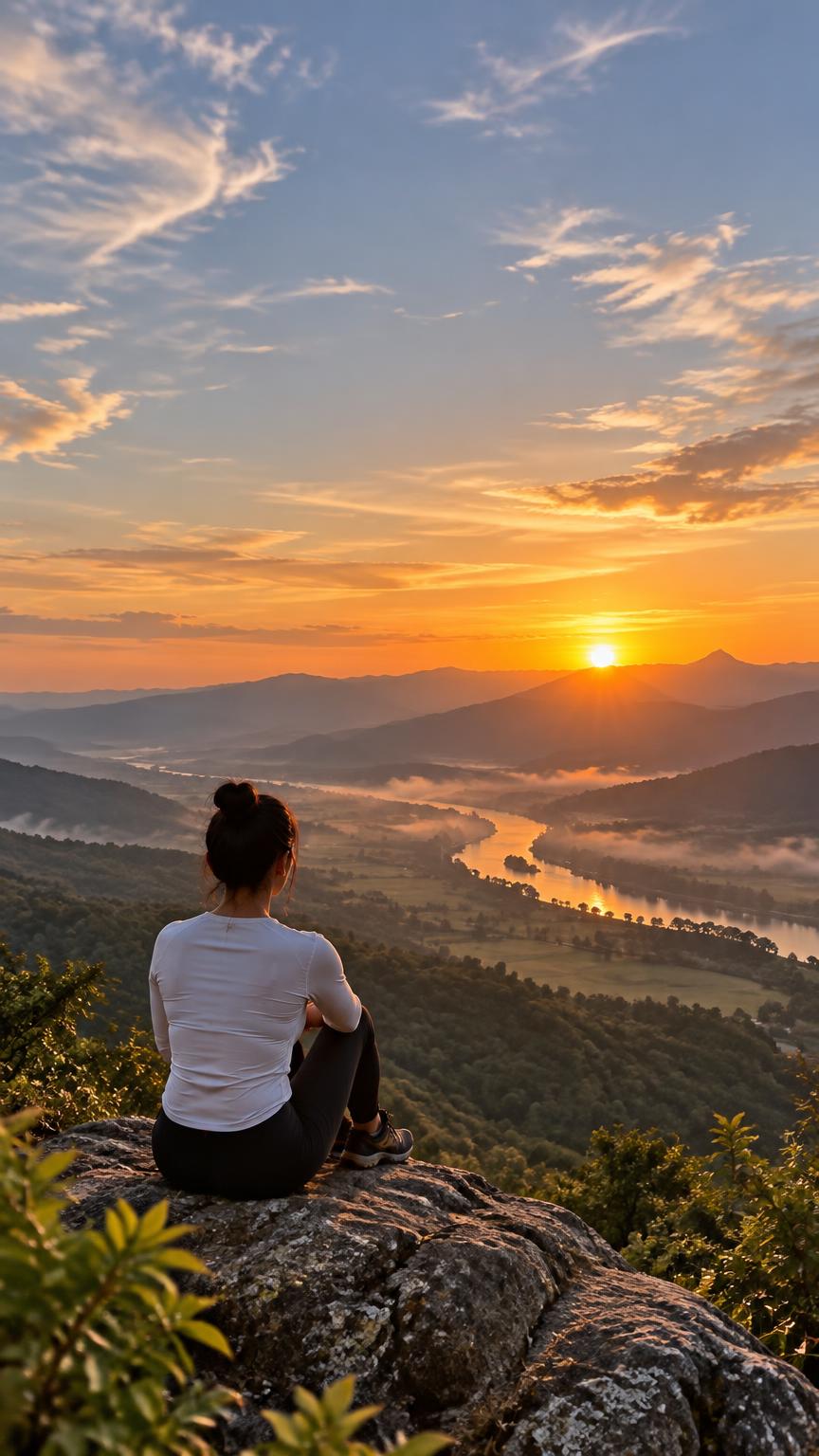 A woman sitting on a rocky outcrop overlooking a river valley at sunset